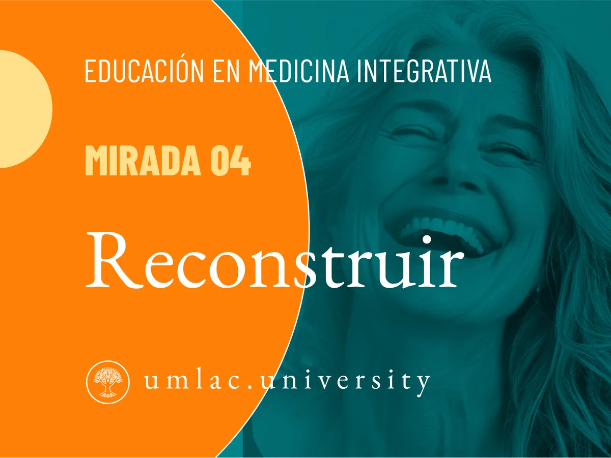 Tarjeta de Mirada 04, ‘Reconstruir’, con el retrato de una mujer de cabello canoso.