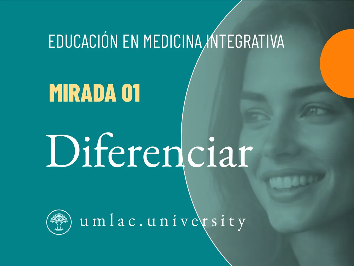 Tarjeta de Mirada 01, ‘Diferenciar’, con el retrato de una mujer sonriente sobre fondo turquesa.