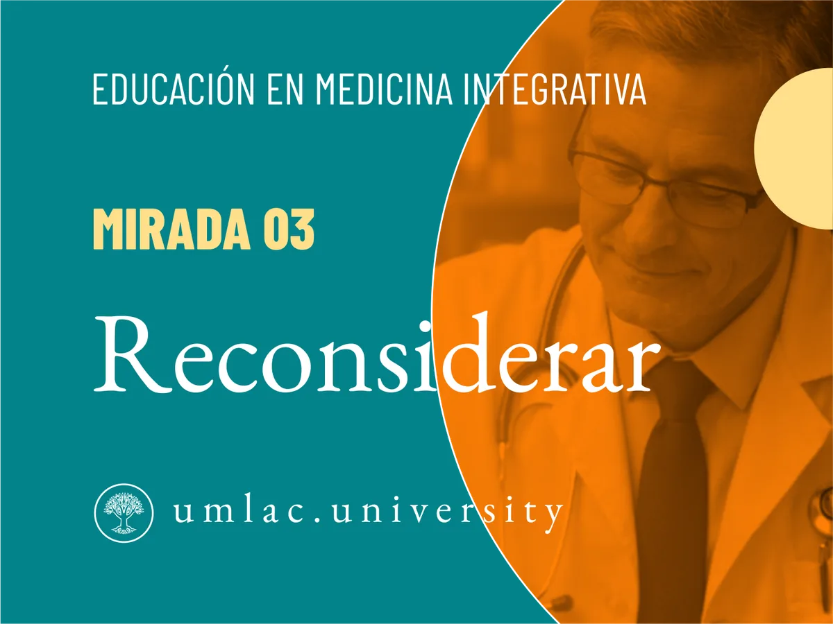 Tarjeta de Mirada 03, ‘Reconsiderar’, con un médico sobre fondo naranja.