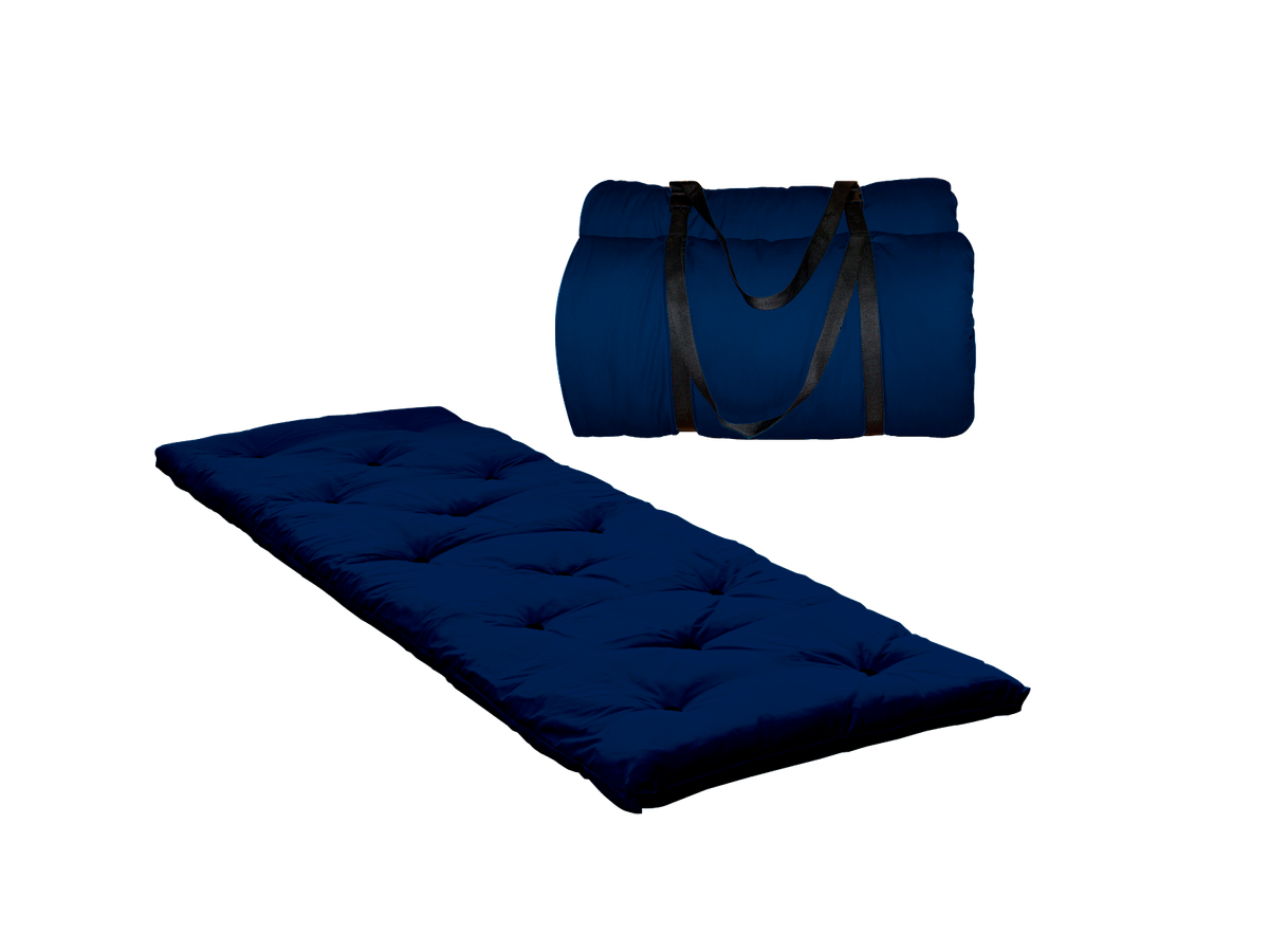 Futon de voyage bleu marine avec housse de transport en polyester et anses noires, Solution pratique et confortable.