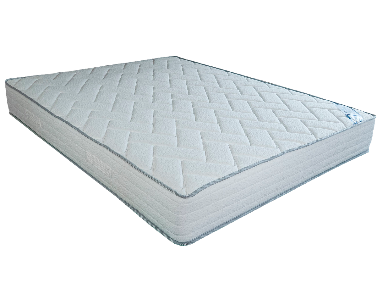 Matelas mousse HR50 DELICE, soutien ferme et durable, Mousse haute résilience OEKO-TEX, coutil blanc motif géométrique.