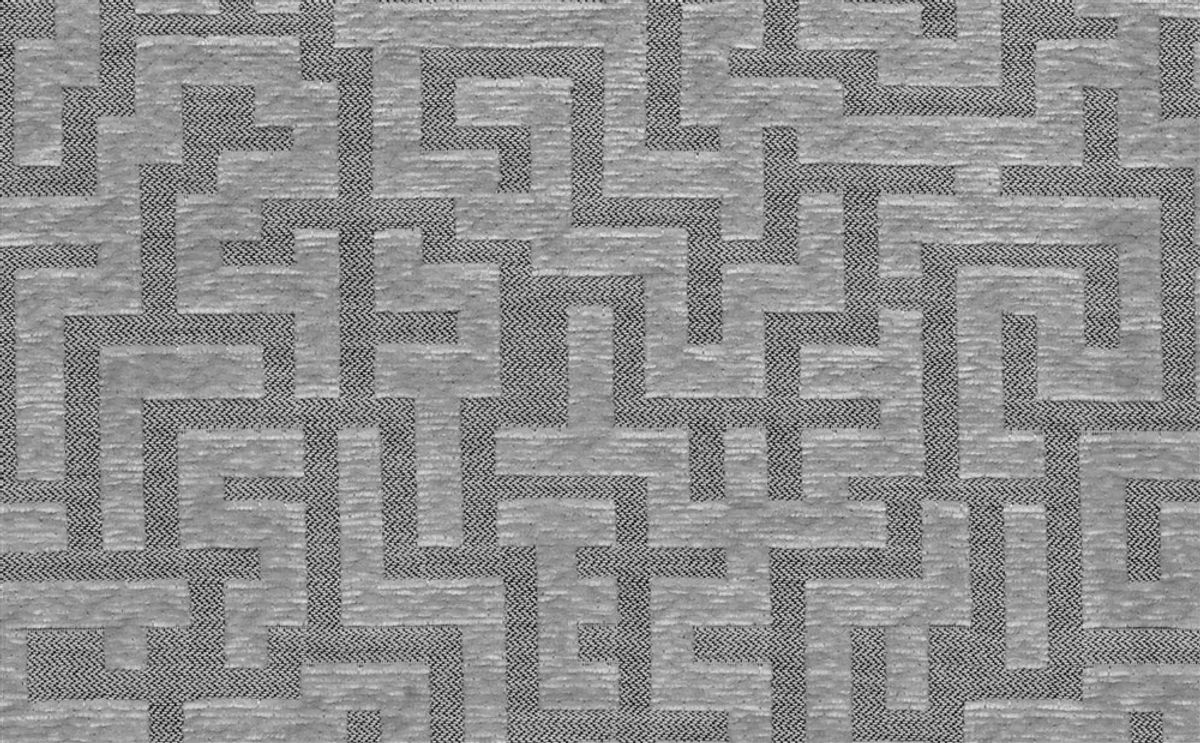 Tissu d'ameublement META Jacquard géométrique gris argenté, motif labyrinthe moderne, traitement hydrofuge H2Oh!, 30000.