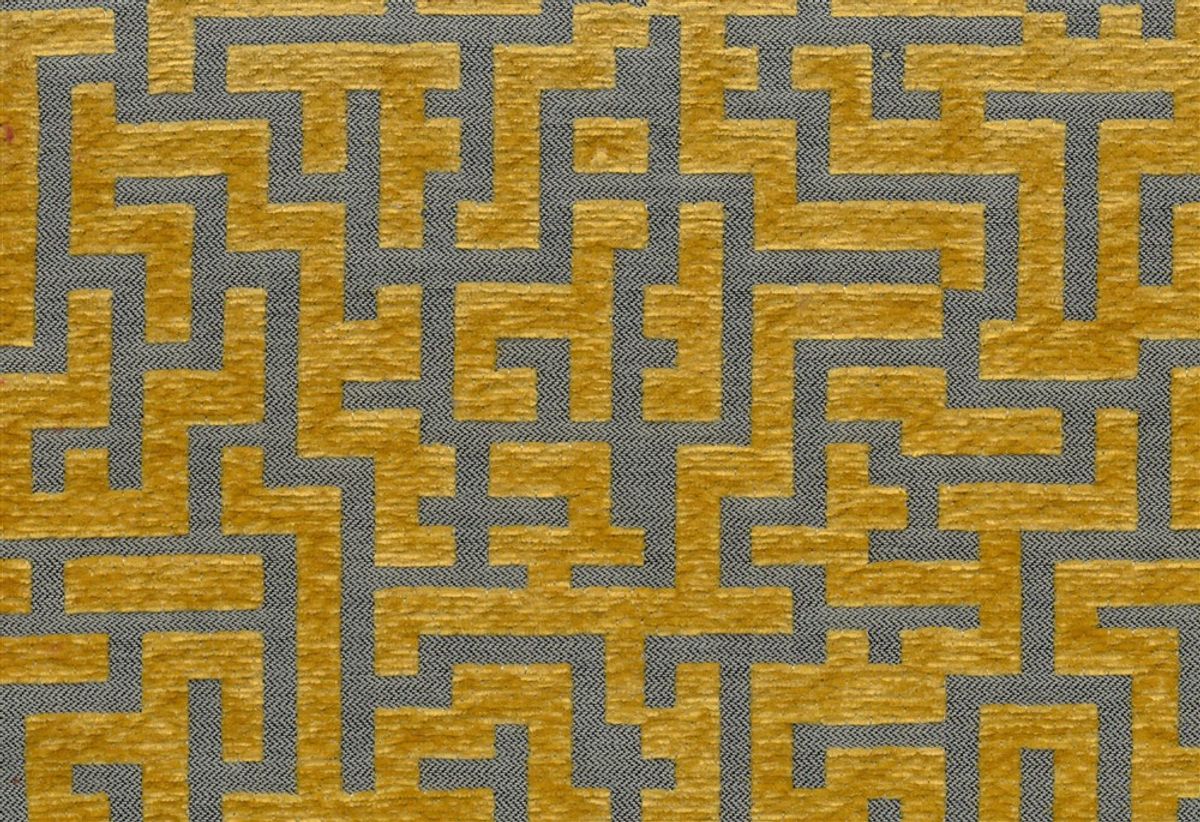 Tissu d'ameublement META H2Oh! : jacquard géométrique jaune moutarde et gris anthracite, motif labyrinthe moderne.