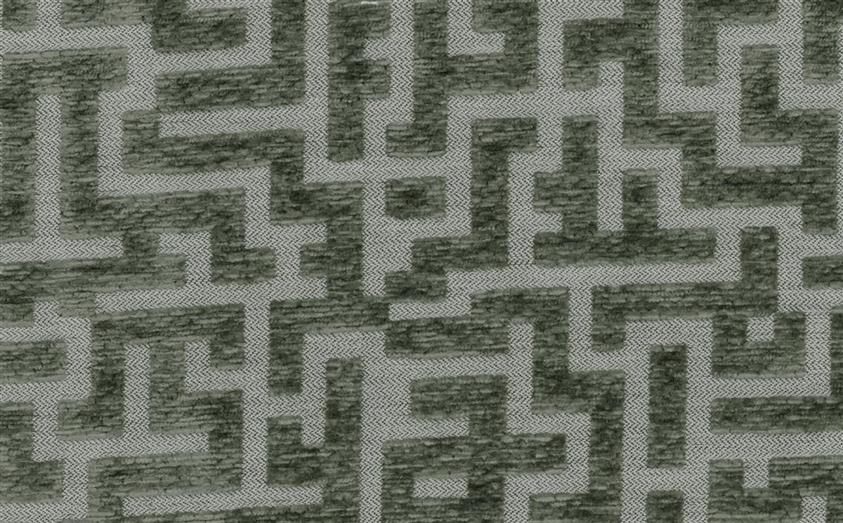 Gros plan sur le tissu d'ameublement META, jacquard géométrique H2Oh! vert et gris, Motifs carrés entrelacés, texture.