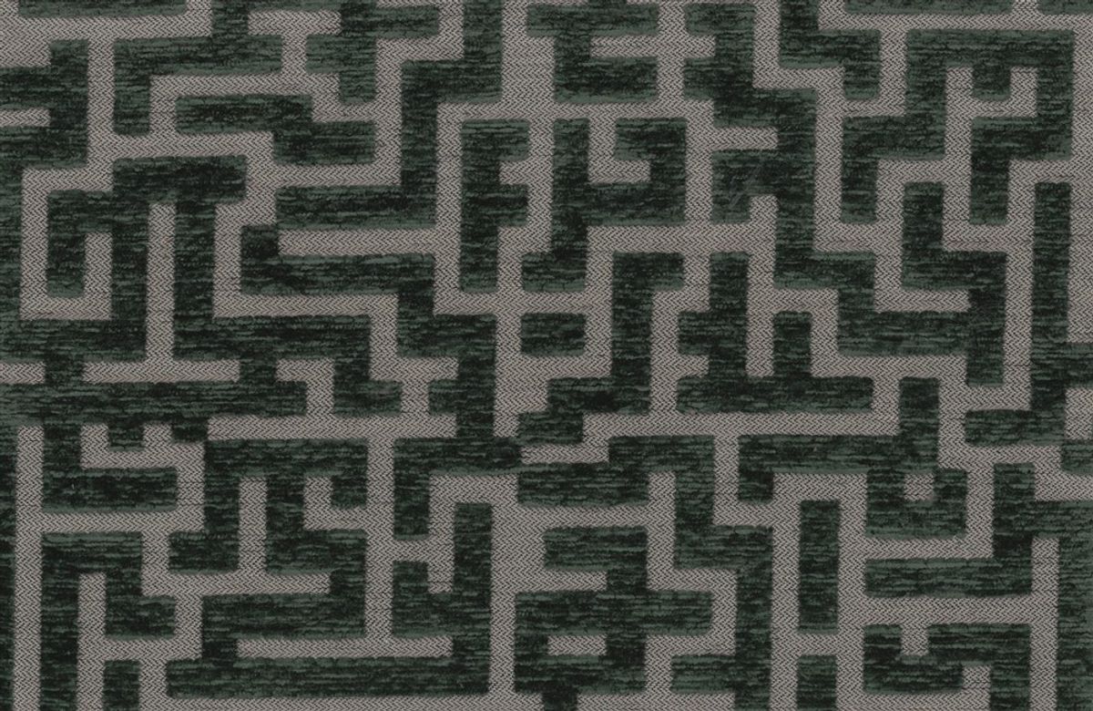 Tissu d'ameublement META Jacquard géométrique H2Oh! : motif labyrinthe vert forêt et gris, hydrofuge, 30000 cycles.