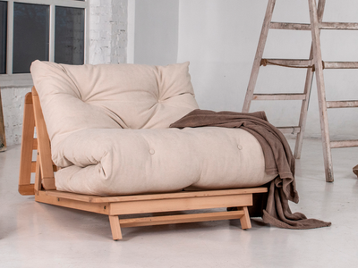 Canapé lit futon EKONO 1 place en hêtre massif, coloris écru, convertible en couchage 90 cm, Design scandinave épuré.