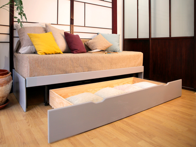 Canapé lit tiroir SCALPA en tissu beige et gris clair, Tiroir de rangement spacieux rempli de.