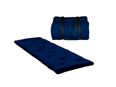 Futon de voyage bleu marine avec housse de transport en polyester et anses noires, Solution pratique et confortable.