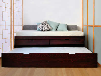 Lit gigogne Massako 550 en bois teinté merisier foncé avec 2 faux tiroirs, couchage double ou séparé, gain de place.