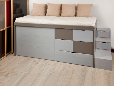 Lit tiroirs MASSAKO 1000 bicolore gris et taupe avec 6 tiroirs robustes, espace optimisé et rangement maximal pour votr.