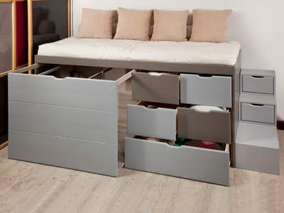 Lit tiroirs MASSAKO 1000 gris avec 6 tiroirs intégrés offrant un rangement maximal, Solution d'optimisation d'espace.