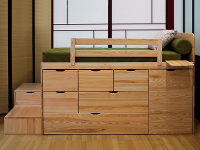 Lit tiroirs MASSAKO 1000 en bois clair avec 6 tiroirs intégrés, Rangement optimisé, style moderne et fonctionnel pour à.