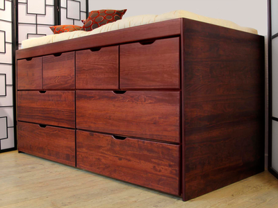 Lit tiroirs MASSAKO 1000 en bois massif teinte merisier, intégrant 6 tiroirs de rangement robustes, Solution gain de.