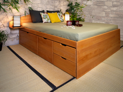 Lit tiroirs MASSAKO 550 en bois clair avec 6 tiroirs offrant un grand espace de rangement, Solution idéale pour les.