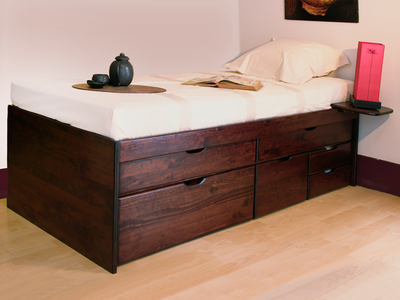 Lit tiroirs MASSAKO 550 en bois teinté foncé, intégrant 6 tiroirs robustes pour un rangement maximal, Solution élégante.