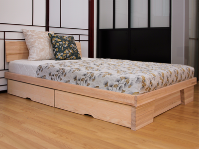 Lit tiroirs MEGUMI en bois clair, 30 cm de hauteur, intégrant 4 grands tiroirs, Solution gain de place pour un.