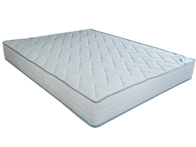 Matelas en mousse HR35 BORA, confort medium, coutil blanc à motifs losanges, Fabrication française haute résilience.
