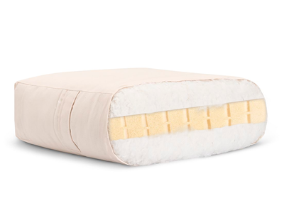 Vue en coupe d'un matelas futon : enveloppe en coton beige, garnissage moelleux blanc et cœur en latex alvéolé jaune.
