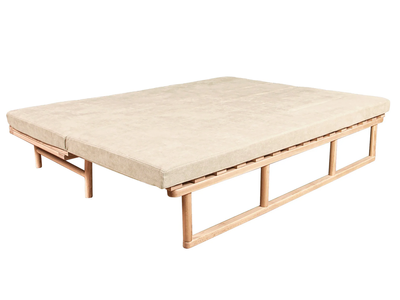 Canapé lit JÔ convertible en hêtre FSC, tissu beige, sommier à lattes apparentes, Couchage confortable et design.