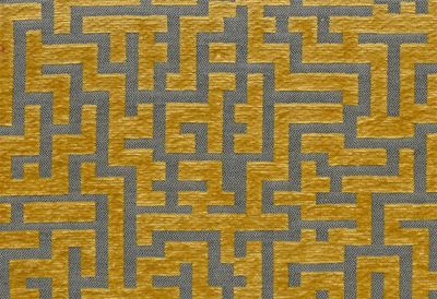 Tissu d'ameublement META H2Oh! : jacquard géométrique jaune moutarde et gris anthracite, motif labyrinthe moderne.