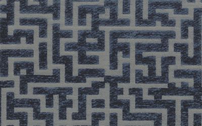 Tissu d'ameublement META H2Oh! : jacquard géométrique bleu et gris, motif labyrinthe moderne et sophistiqué, entretien.