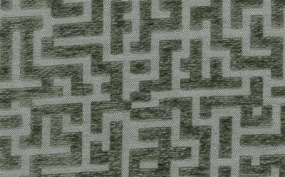 Gros plan sur le tissu d'ameublement META, jacquard géométrique H2Oh! vert et gris, Motifs carrés entrelacés, texture.