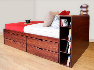 Tête de lit avec rangement en bois massif teinte cerise, idéale pour organiser et objets de chevet, Solution gain de.