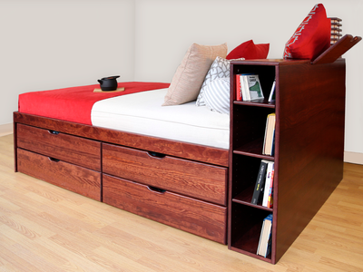 Tête de lit en bois massif teinte cerise avec étagères de rangement intégrées, Solution gain de place pour à coucher.