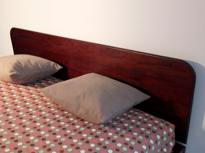 Tête de lit rectangulaire en bois massif teinte merisier, angles arrondis, à pois multicolores et taupe.